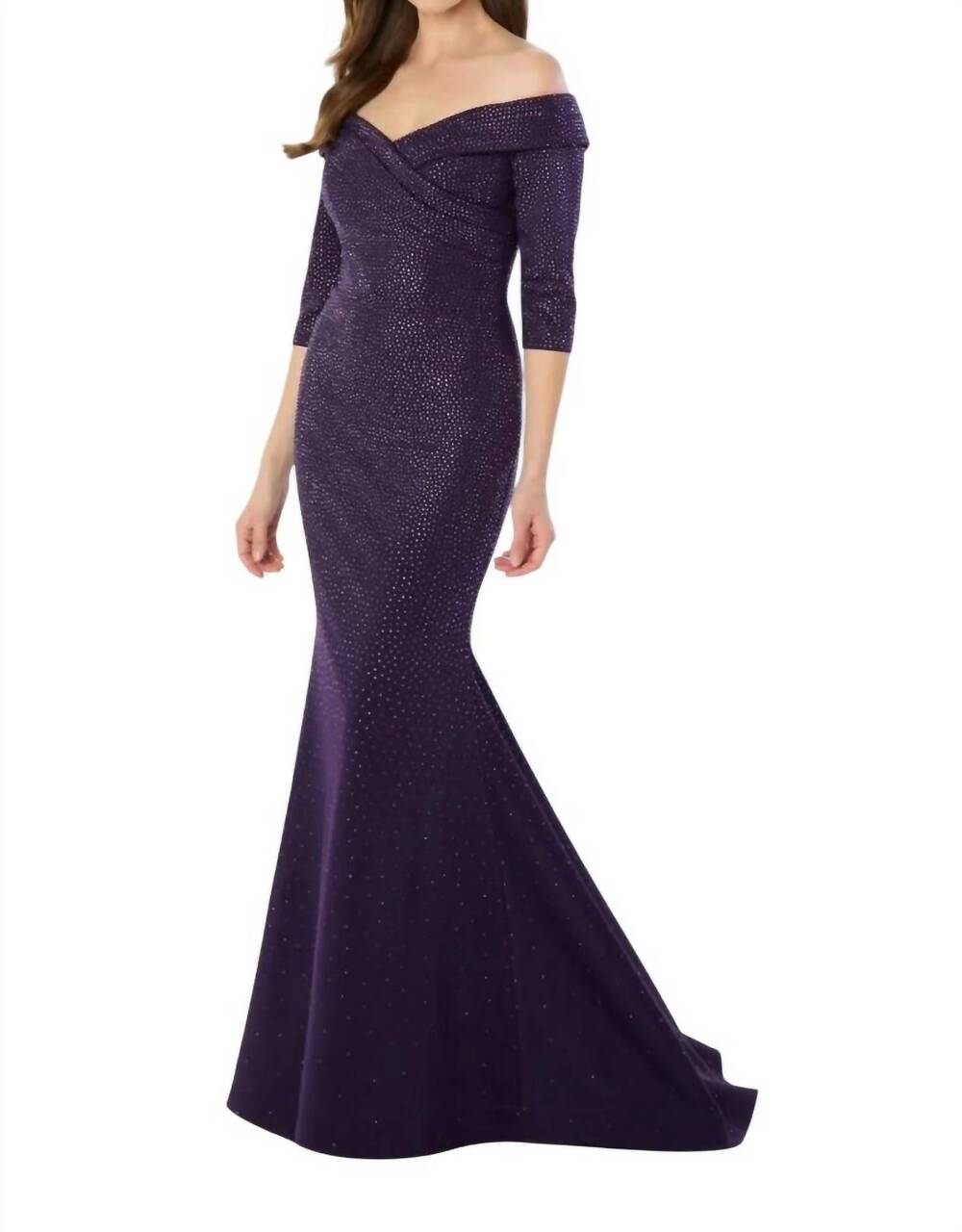 NEW MONTAGE BY MON CHERI long fitted gown in dark amethyst